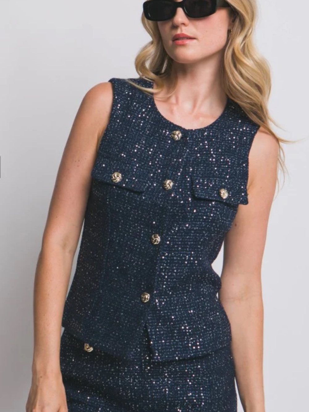 Commense Navy Tweed Metallic-Thread Shell